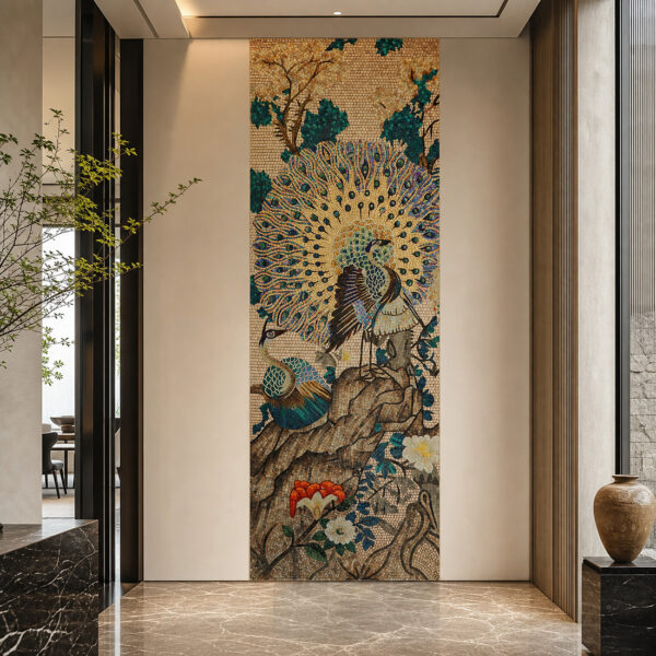 Handmade Peacock Display Floral Mosaic Wall Mural Art