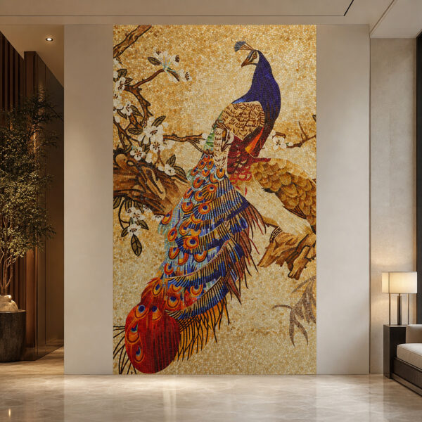 Handmade Peacock Floral Mosaic Wall Mural Art for Luxury Interior Decor