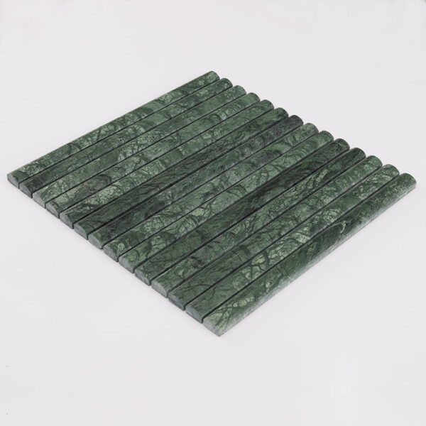 perspective-view-of-dark-green-marble-pencil-mosaic-sheet Forest Green Marble Vertical Kit Kat Fluted Tile Bathroom and Kitchen Backsplash Mosaic