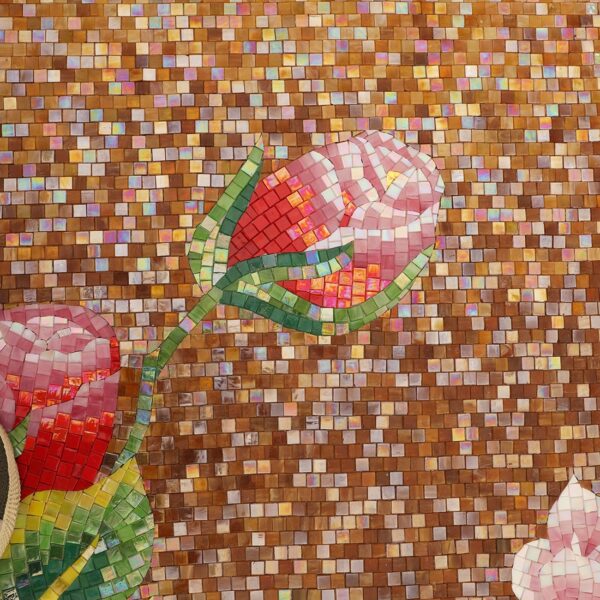 Red peony bud on a bronze brown mosaic tile background Red Peony Floral Mosaic Wall Mural for Luxury Interior Decor