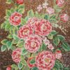 Red peony floral mosaic mural with green leaves on a brown tile background Red Peony Floral Mosaic Wall Mural for Luxury Interior Decor