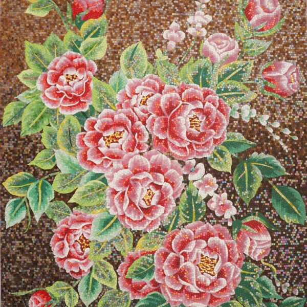 Red peony floral mosaic mural with green leaves on a brown tile background Red Peony Floral Mosaic Wall Mural for Luxury Interior Decor