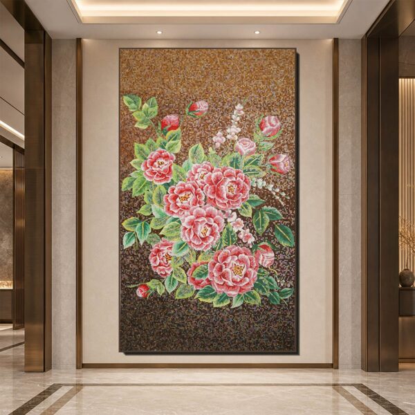 Red peony mosaic wall mural installed in a luxury lobby interior Red Peony Floral Mosaic Wall Mural for Luxury Interior Decor