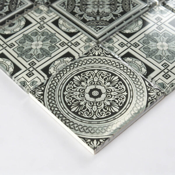 round-medallion-vintage-glass-tile-detail Big Square Black White Vintage Patterned Glass Tile