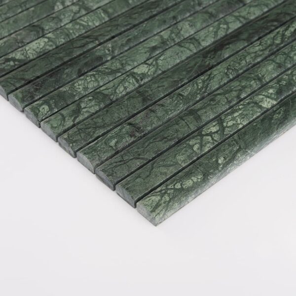 side-profile-of-dark-green-marble-kit-kat-tile-strips Forest Green Marble Vertical Kit Kat Fluted Tile Bathroom and Kitchen Backsplash Mosaic