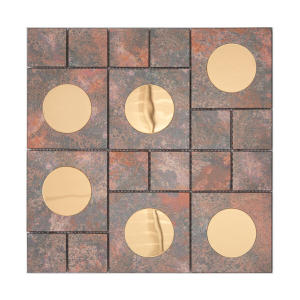 Rustic Brown Aluminum Metal Mosaic Tile with Gold Glass Circular Accent