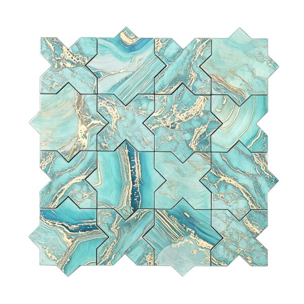 teal-gold-marble-star-cross-mosaic-tile-full-sheet Teal Gold Aluminum Star Cross Mosaic Tile Sheet with Faux Marble Veins