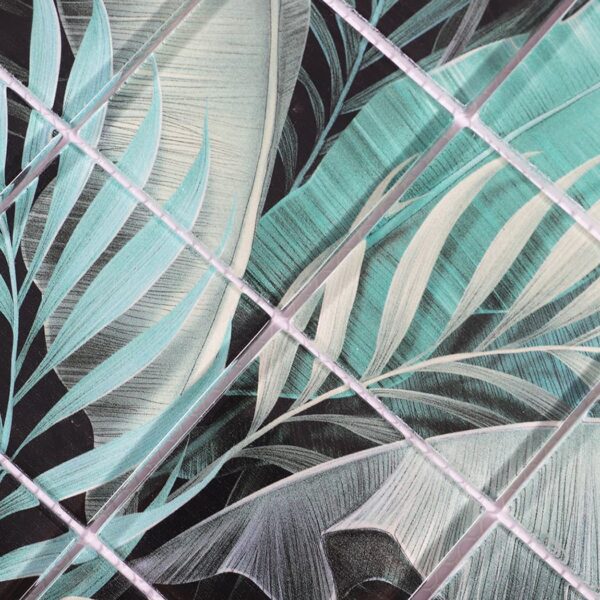 teal-gray-tropical-leaf-glass-mosaic-tile-closeup Teal Gray Tropical Leaf Glass Mosaic Shower Niches, Vanity Backsplashes and Powder Room Walls Tile