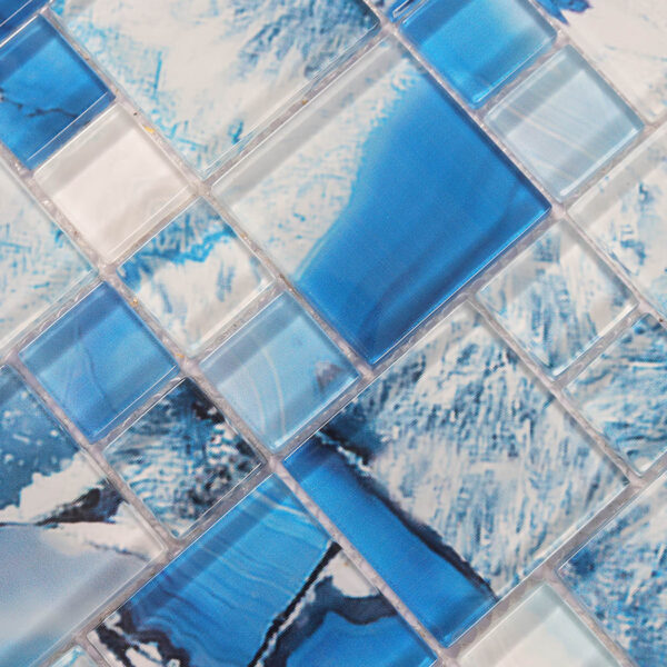 translucent-blue-marble-square-glass-mosaic-texture Blue White Mixed Square Glass Tile Kitchen Backsplash and Vanity Wall Mosaic