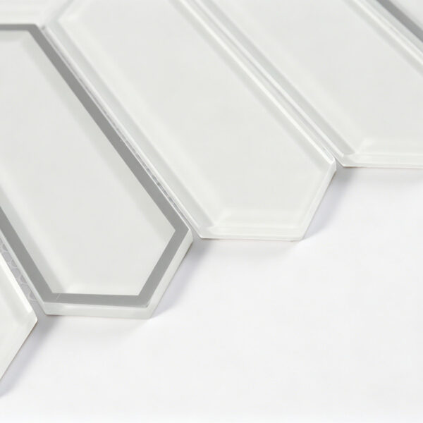 white-glass-picket-mosaic-corner-detail White Elongated Hexagon Glass Tile Shower Mosaic
