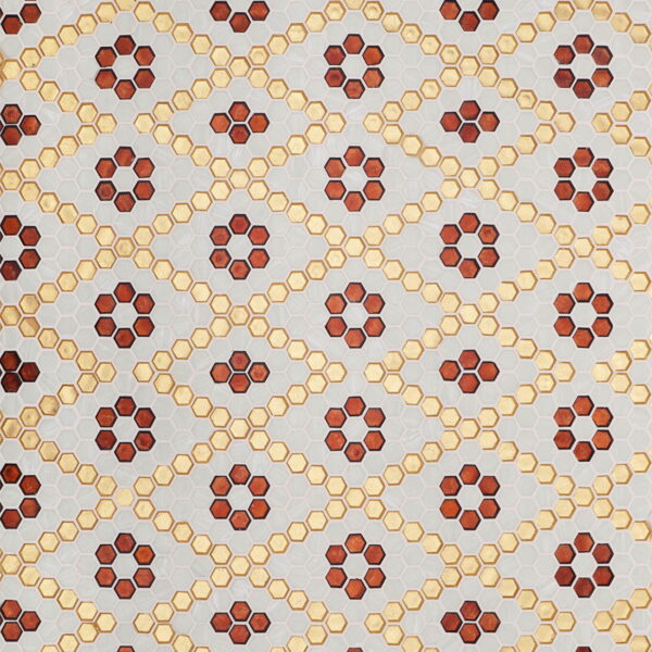 white-gold-hexagon-flower-glass-mosaic-pattern White and Gold Hexagon Glass Mosaic Tiles with Red Flower Design