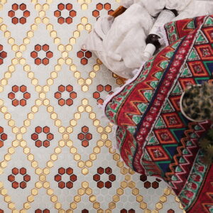 White and Gold Hexagon Glass Mosaic Tiles with Red Flower Design