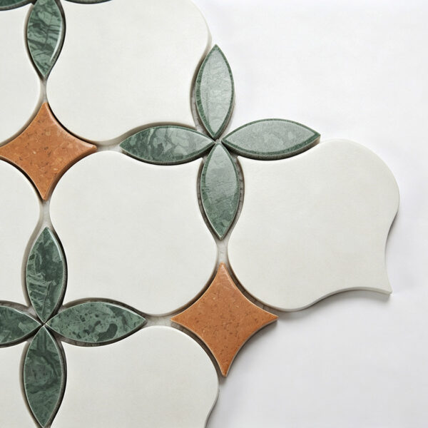 white-green-orange-arabesque-marble-mosaic-tile-detail White Green Orange Floral Arabesque Marble Mosaic Tile