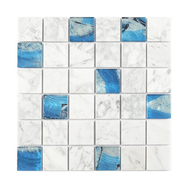 White Marble Blue Glass Square Mosaic Tile For Bathroom Feature Wall