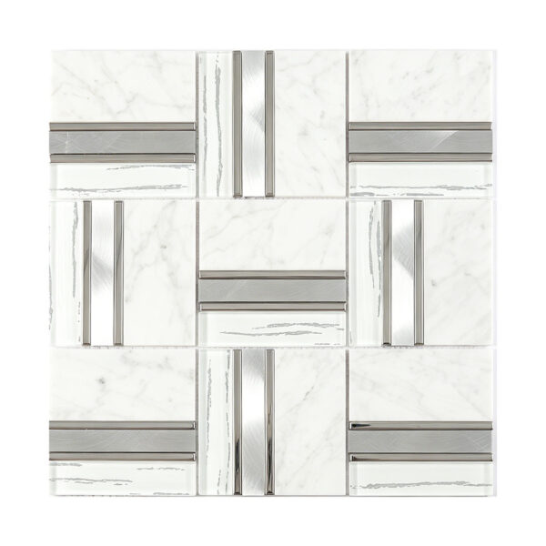 White Marble Glass Tile with Brushed Silver Aluminum Strip Accents