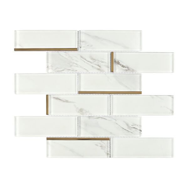 White Marble Glass Subway Tile In Staggered Pattern With Slim Gold Line Accents