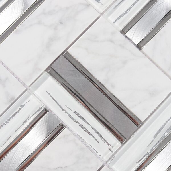 White Marble Glass Tile with Brushed Silver Aluminum Strip Accents