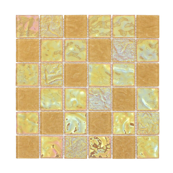 Yellow Iridescent Square Glass Tile Mosaic for Spa Walls and Fireplace Surrounds